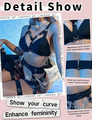 Alrovetoney Sexy Lingerie Set For Women With Garter Belt 5 Pieces Strappy Bra and Panty Set Adjustable With Chain thumbnail 2