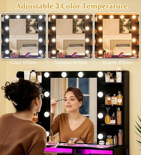 HUAHUU Vanity Desk with Mirror and Lights, Makeup Vanity Desk with Lights 3 Colors, Transparent Top Vanity with 2 RGB Drawers, 6 Shelves, Large Tempered Cabinet, Power Outlet, for Bedroom, Black thumbnail 4