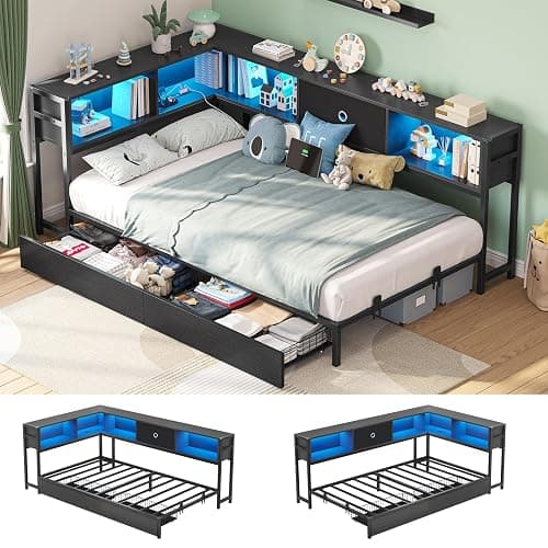 Hasuit Twin Corner Bed Frame with Storage Drawers and Bookcase Headboard, Twin Size Metal Platform Corner Bed Frame with Charging Station and LED Lights, Twin Daybed for Kids Teens Guests, Black - Image 1