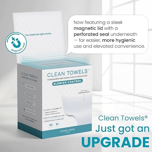 Clean Skin Club Blemish Control Clean Towels® XL, Compostable Face Towels, Light Exfoliation for Oily Skin, Eczema Association Accepted Disposable Face Towelette, Makeup Remover Dry Wipes, 50 count thumbnail 7