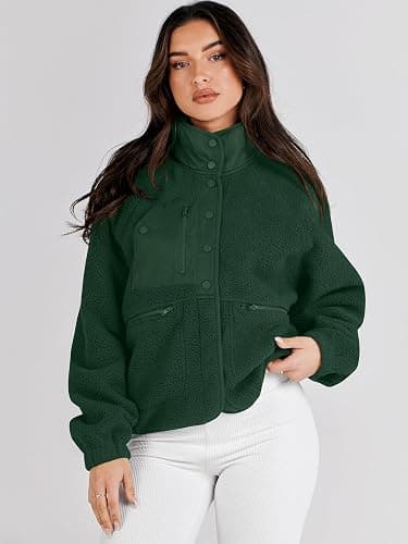 ANRABESS Womens Fuzzy Fleece Jacket Fall Casual Long Sleeve Cropped Sherpa Button Down Shacket Coats Outwear With Pockets thumbnail 4