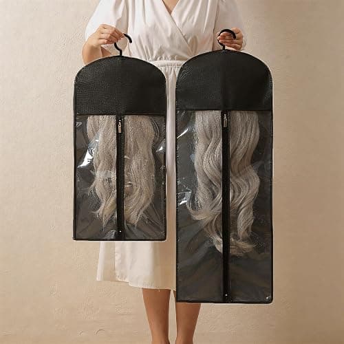Nenkarn 16Pcs Wig Storage Bags with Hanger, 2 Sizes (23.6"/31.4") Dust-proof & Water-resistant Hair Extension Organizer, Clear Window Hanging Wig Holders for Multiple Wigs, Black & Pink thumbnail 4