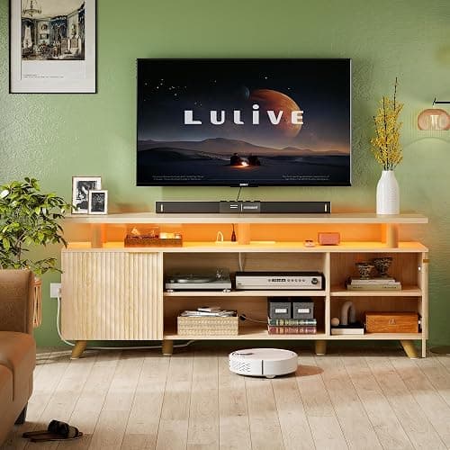 Lulive Modern TV Stand for 55/60/65/70 inch Television, Entertainment Center with Wooden Storage Cabinets and Power Outlet，Media Console for Living Room Bedroom (Natural Oak) thumbnail 3