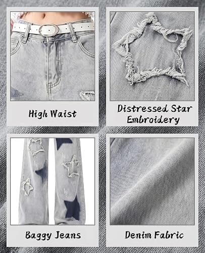 Lafaguw Cute Jeans for Women Girls Star Patchwork Pants High Waisted Straight Leg Jean Casual Preppy Clothes thumbnail 5
