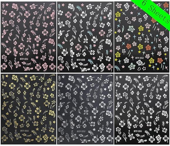 6Sheets Hibiscus Flower Nail Stickers White Pink Nail Decals Elegant Floral Petal Wavy Line Strip Tropical Leaf Designs French Tip Sticker for Women Nail Supplies Spring Nail Decorations Accessories thumbnail 6