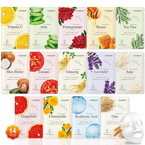 KONEUK 14 Pack Sheet Face Masks Skincare, Hydrating Face Masks Suitable for Dry Skin, Bulk Facial Mask Set for Women Skin Care, Face Mask Gifts Set for Face Spa - Image 1