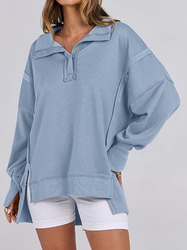 ANRABESS Women's Sweatshirts Oversized Casual Loose Button Up Henley Pullover Top High Low Split 2025 Fall Fashion Outfits thumbnail 2