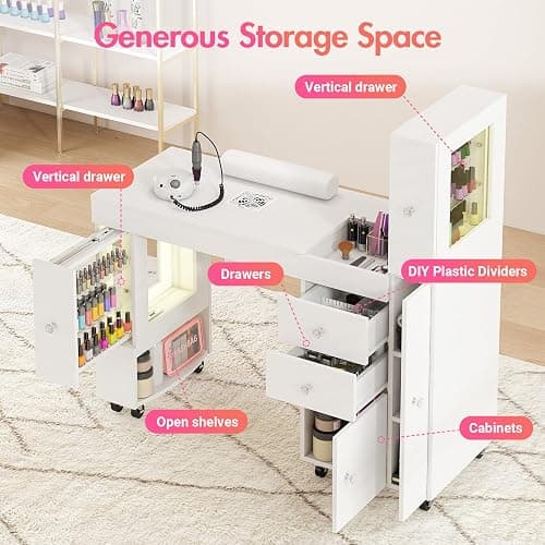 Manicure Table for Nail Tech w/ LED Light Display Cabinet, Nail Desk with Lockable Wheels, Dust Collector, Drawers, Wrist Rest, Acetone-Resistant, for Beauty Salon, Spa & Home Workstation (White) thumbnail 6