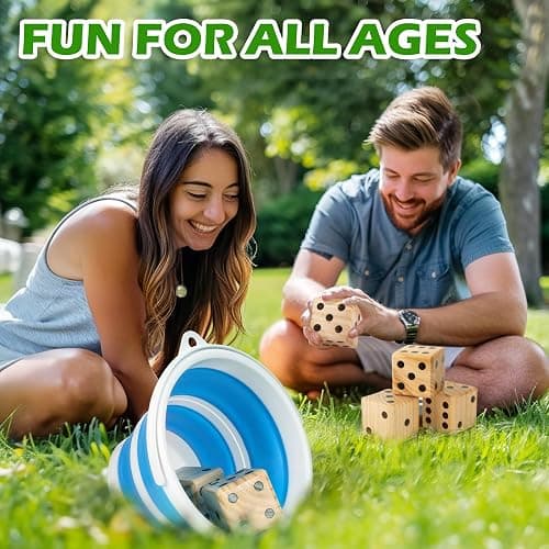 ropoda 3.5" Giant Wooden Yard Dice Set for Outdoor Fun, Barbeque, Party Events, Backyard Games, Lawn Games Includes 6 Dice, Collapsible Bucket, Score Cards & Dry Erase Marker thumbnail 2