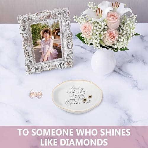 MQPPKJ Christian Gifts for Women, Bible Verse Ceramic Jewelry Dish Trinket Ring Tray, Inspirational Floral Gift for Mom Sister Friend Birthday Christmas-God is within Her Psalm 46: 5 (White-46:5) thumbnail 6