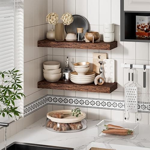 Feihorrm Floating Shelves, Wall Shelf Set of 2, 40cm Rustic Shelves, 16.5cm Deep Wall Shelf, MDF Wooden Shelving for Bathroom, Bedroom, Living Room and Kitchen, Vintage Brown, 40 x 16.5 x 3.1 cm thumbnail 2