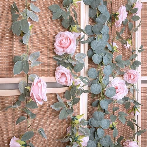 TELDRASSIL 4Pcs(26 FT) Artificial Rose Vine Fake Flower Garland Fake Silk Rose Hanging Vine for Wedding Party Background Arch Garden Background Decoration (Pink) - Pink thumbnail 5