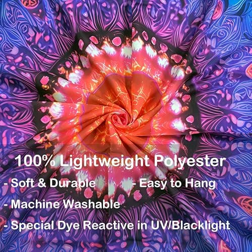 Manicer Blacklight Mandala Tapestry - UV Reactive Bohemian Red Blue Purple Floral Colorful Wall Hanging, Glow in the Dark Aesthetic Boho Wall Art Decor for Bedroom, Living Room, Dorm - 51.2" x 59.1" thumbnail 6