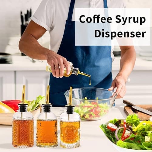 Syrup Dispenser Bottles Set of 3, Simple Syrup Bottle for Coffee Bar Accessories,7 oz Glass Coffee Syrup Containers for Maple Honey Syrup Oil, with Metal Pour Spouts, Stoppers,Condiments Dispenser thumbnail 2