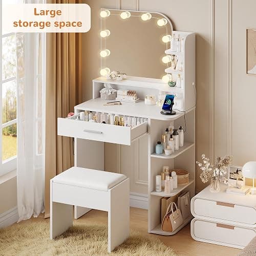 wanan Small Vanity, Set with Chair, Big Mirror & Lights, for Girls, White | Small footprint, huge storage, 14.2×26.5×54.4", 6 shelves+drawer, outlet+hairdryer rack, 10 bright bulbs, dimmable & memory thumbnail 6