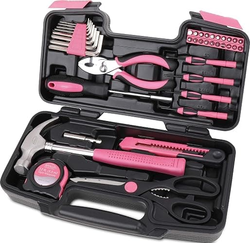 Apollo Tools Original 39 Piece General Household Tool Set in Toolbox Storage Case with Essential Hand Tools for Everyday Home Repairs, DIY and Crafts - Pink Ribbon - DT9706P - Image 1