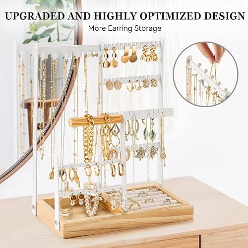 DreamGenius Jewelry Organizer Stand with Velvet Ring Holder, 4 Tier Jewelry Holder Organizer with 11 Hooks for Necklaces and 132 Holes for Earrings, White thumbnail 8