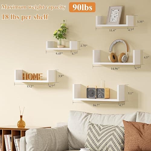 SRIWATANA Floating Shelves for Wall, Wall Shelves for Bathroom, Bedroom, Living Room, Kitchen, Office, Wood Shelves for Home Decor Set of 5 (Washed White) thumbnail 6