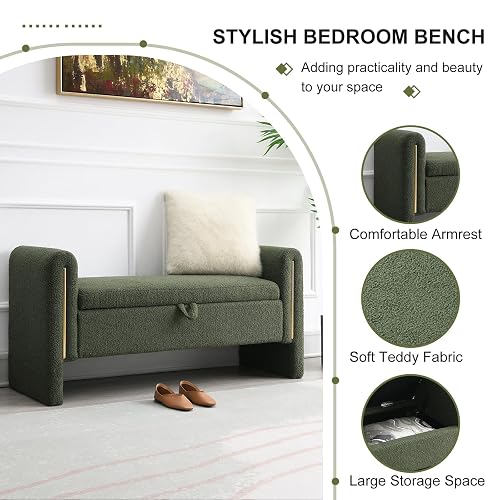 NIOIIKIT 52" Storage Ottoman Bench, Teddy Upholstered Storage Bench with Armrest, Entryway Bench with Pull-Ring, End of Bed Bench, Window Bench for Living Room (Olive Green) thumbnail 4