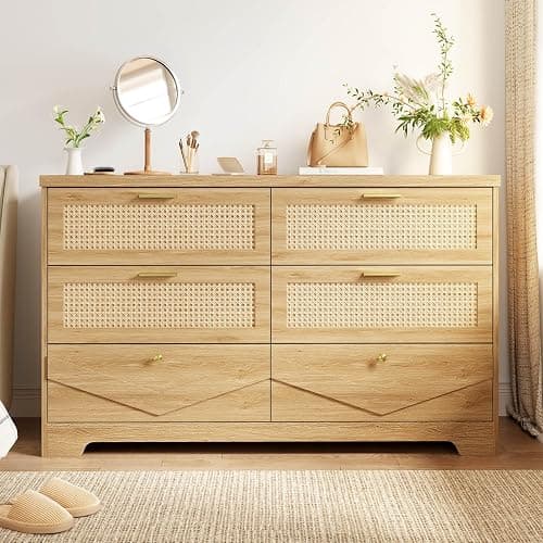 IBF Rattan Dresser for Bedroom, Wood Boho 6 Drawer Dressers, Large Dresser Chest of Drawers for Closet, Wide Clothes Storage Organizer with Deep Drawers for Living Room and Hallway, 51.2 Inch, Oak thumbnail 6
