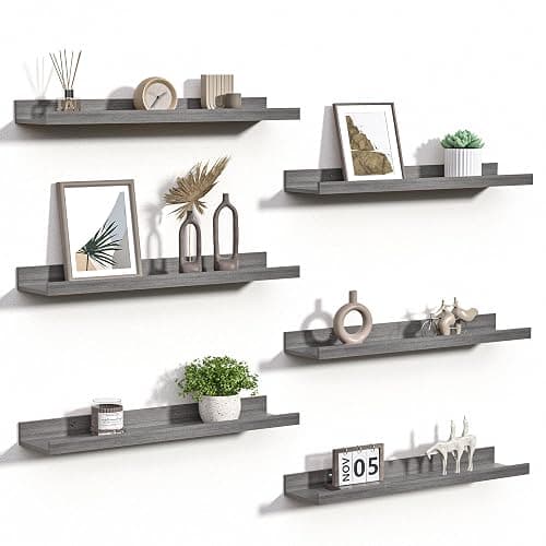upsimples Floating Shelves for Wall, Wood Mounted Shelf Decor Storage Set of 6, for Bedroom, Living Room, Bathroom, Kitchen, 23.6 inch Long Picture Ledge, Grey - Image 1