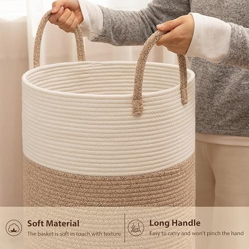 OIAHOMY Large Laundry Basket Hamper - 60L Cotton Rope Woven Basket for Blankets, Toys, Clothes - Tall Decorative Nursery Hamper with Long Handles, Brown/White thumbnail 9