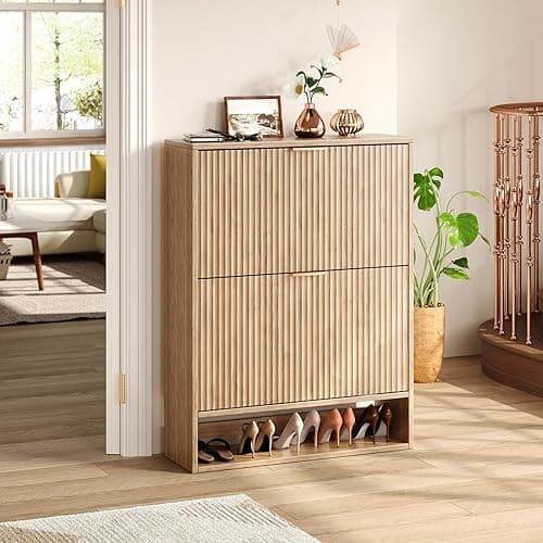 Hootata 31.5''W Oak Shoe Storage Cabinet for Entryway with 2 Flip Drawers, Fluted Slim Shoe Cabinet, Free Standing Wooden Shoes Organizer for Foyer, Hallway - 2-Drawer - Oak thumbnail 3