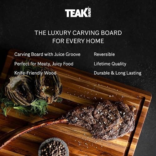 Teakhaus Cutting Board - Medium (M) Wood Cutting Board with Juice Groove and Grip Handles - 18”L x 14”W - Thin, Lightweight, Reversible Teak Edge Grain Wood - Knife Friendly - FSC Certified thumbnail 7