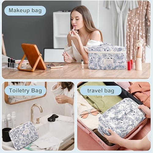 GISMTR 3Pcs Cotton Quilted Makeup Bag Large Travel Cosmetic Bag Coquette Makeup Pouch Cute Aesthetic Floral Toiletry Bag for Women Girls (flower-D) thumbnail 5