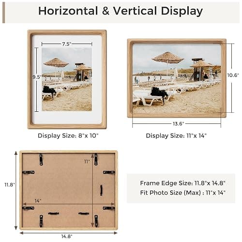 Heimlove 11x14 Picture Frames Natural Oak,Original Wood Hand Make Crafted Diploma Frame with Mat to 8x10 Graduation Picture Display,Family Picture,Wedding Picture,Photo,Certificate Wall Mounted thumbnail 3
