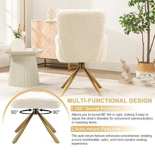 Kiztir Vanity Chair No Wheels Upholstered Teddy Vanity Chair with Back Gold Metal Criss Cross Home Office Desk Chair Boucle Accent Chair Modern Reading Chair Armchair for Living Room, Bedroom (Beige) thumbnail 5