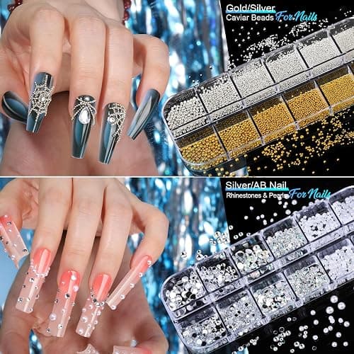Teenitor Nail Charms Nail Stickers for Nail Art Kit, 8 Boxes Nail Rhinestones Nail Gems Pearls for Nails with 20 Sheets Nail Art Stickers, 3D Gold Nail Charms and Gems Nail Supplies Nail Art Tools thumbnail 4