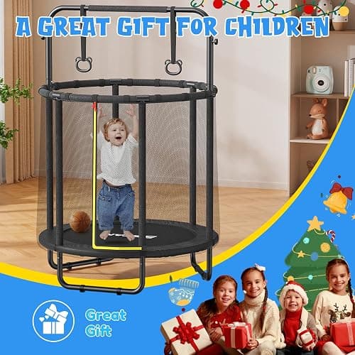 BCAN 60''/55" Mini Trampoline for Ages 1 to 8 Kid, 5FT Toddler Trampoline - Indoor/Outdoor Use with Enclosure Net, Adjustable Gymnastics Bars, Basketball Hoop, Gifts for Boys & Girls - 55IN - 55-BLACK thumbnail 6