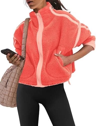Yanekop Womens Fleece Jacket Zip Up Fuzzy Sherpa Jackets Long Sleeve Winter Coats Striped Warm Outwear with Pockets thumbnail 3