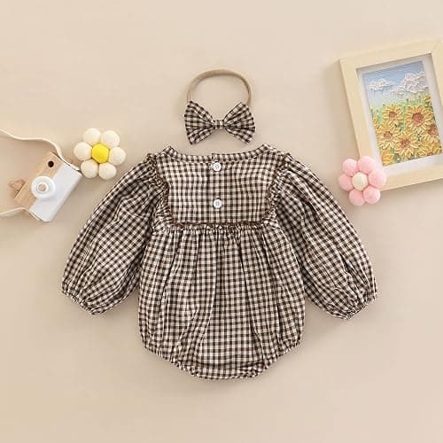 Douhoow Infant Baby Girl Plaid Romper Baby Sweatshirt Romper Ruffle Festival Clothes Fall Winter Outfits with Headband thumbnail 7