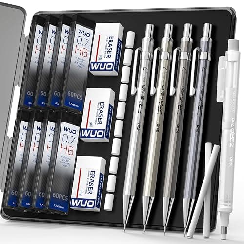 WUO 0.7mm Metal Mechanical Pencil Set, 4-Pack with Eraser Pen and Case | 480 HB Lead Refills, 3 Erasers + 10 Eraser Refills, Medium Point, for Writing, Drawing, Drafting, Sketching - Image 1