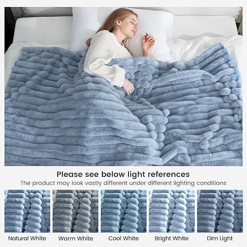 Cozy Bliss Faux Fur Throw Blanket for Couch, Cozy Warm Plush Striped Blanket for Sofa Bedroom Living Room, 50 * 60 Inches Light Blue thumbnail 9