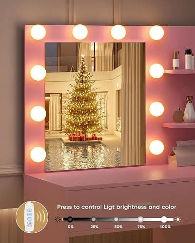 LIVELYGLOW Lighted Makeup Vanity Desk, 35.4“W x 15.7'”D x 54“H, Pink (with Lights and Mirror, Dimming Fuction, 2 Drawers and 1 Cabiniet, Open Shelves) thumbnail 7