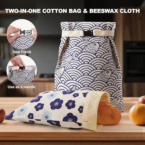 Augine Beeswax Bread Bags for Sourdough, Reusable Bread Bags for Homemade Bread, 2 Pack Natural Cotton Beeswax Storage, Natural Cotton Beeswax Bags, Large Capacity thumbnail 4