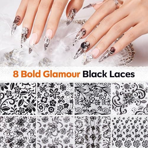 Modelones 20 Rolls Lace Nail Foil Transfer Aurora Flower Nail Art Stickers | White Black Lace Foils, Aurora Holographic Transfer Decals Nail Art Wraps Easy Use DIY Nail Stuff Nail Charms Decor 2 Boxes thumbnail 3