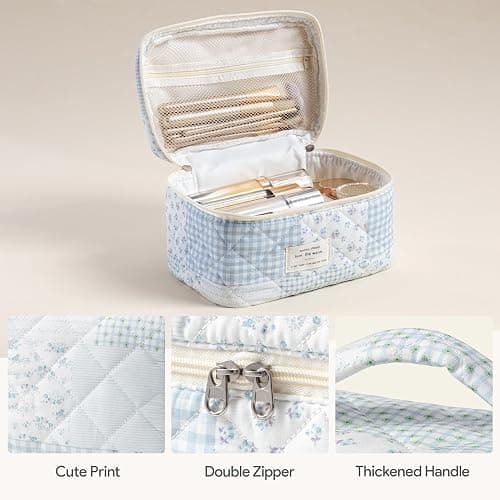 HBselect Quilted Makeup Bag, 3Pcs Cotton Large Travel Makeup Bags Organizer | Cute Floral Make up Bag Cosmetic Bag Toiletry Bag for Women Girls, Makeup Pouch for Skincare, Brushes & Travel Essentials thumbnail 3