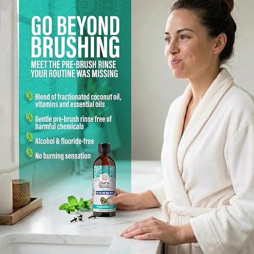 GuruNanda CocoMint Oil Pulling Mouthwash for Complete Oral Hygiene, 7 Essential Oils & Vitamins for Happy Teeth & Gums & Fresh Breath, with Toothbrush & Tongue Scraper, Alcohol-Free, 8 oz thumbnail 2