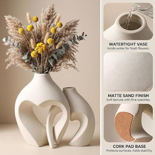 White Ceramic Flower Vase Home Table Decor Heart Shaped Vase Set of 2 | Boho Heart Shaped Minimalist Decorative Vases for coffee Table Centerpiece Wedding Dining Living Room Office House Decoration thumbnail 3