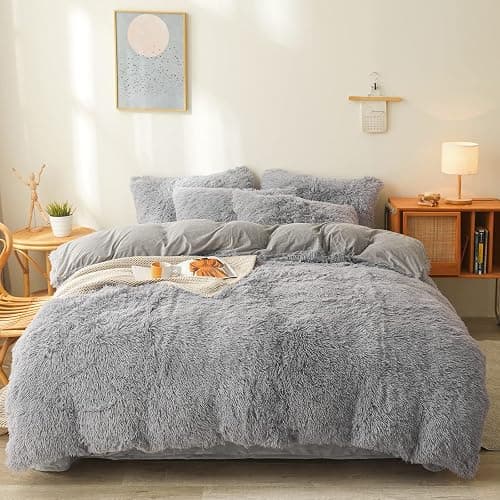FOPPA Plush Comforter Cover Set Queen - Ultra Soft Fuzzy Gray Bedding 3 Pieces (Faux Fur Duvet Cover + 2 Shaggy Pillow Cases) Fluffy Bed Set - Image 1