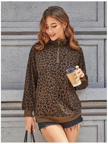 SweatyRocks Women's Leopard Print Sweatshirt Quarter Zip Collar Long Sleeve Pullover Tops thumbnail 3