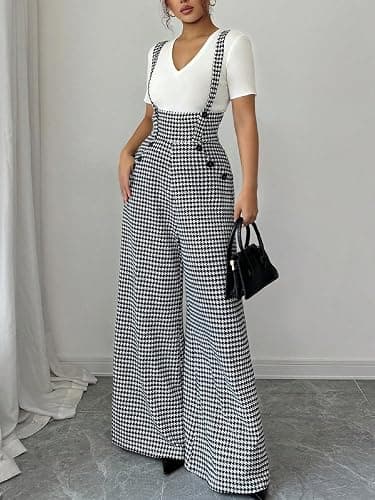 Milumia Women's Houndstooth Overalls Wide Leg Jumpsuit Suspender Pants | One Piece Jumpsuits, With Pockets, Baggy, Sleeveless, Going Out Outfits, Spring Fall, Plaid Romper - Image 1