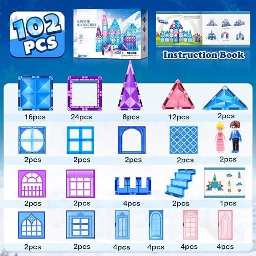 Magnetic Tiles 102pcs with 2 Stairs 2 Dolls Princess Castle Building Girls Toys Age 4-5 6-8 Magnetic Blocks Birthday Xmas Gifts for Girls Toys for 3 4 5 6 7 8+ Year Old thumbnail 2