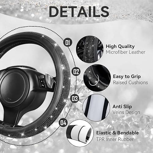 CAR PASS 30 PCS Bling Diamond Car Accessories Set for Women, Bling Steering Wheel Covers 15 Inch, Shining Rhinestone License Plate Frame, Sparkly Phone Holder, Cute Interior Set Decorations, Black thumbnail 2