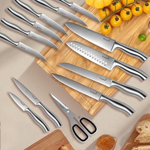 Kuisine Premium Sharp Knife Set Carbon Steel Forged,Ergonomic Handle Knife Block Set,Kitchen Block Knife Set,Chef Knife Set Built-in Sharpener(Silver Pro, 15PCS) thumbnail 6