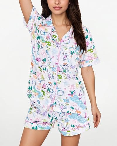 Zuafy Women's Pajamas Set Button Down Ladies Summer Pajamas Monkey Printed Sleepwear Short Sleeve 2 Pc Pjs for Birthday Gift thumbnail 4